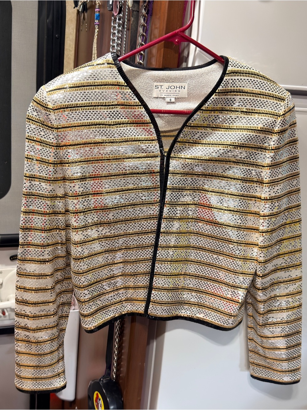 St. John White, Gold & Black Striped Cropped Pailette Jacket
